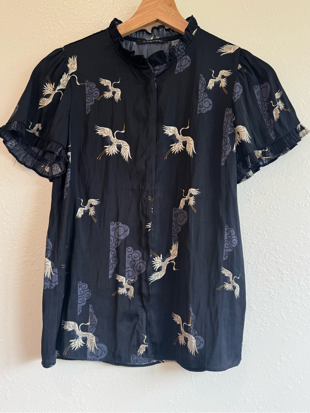 T Tahari Navy Crane Print Button Blouse with Ruffle Sleeves | Size XS - Picture 2 of 8